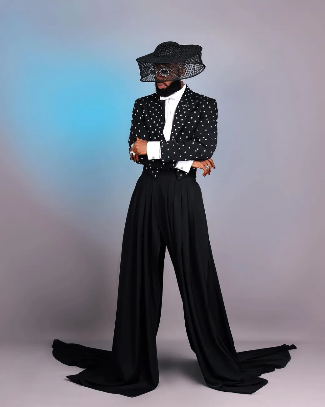 The ”Prince” Charcoal Black Short Peak Lapel Suit With ss30 Swarovski Stones, Double-breasted Waistcoat, High Pant Trousers & Pleated Long Tail Skirt.