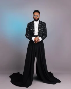 The ”Prince” Charcoal Black Short Peak Lapel Suit With ss30 Swarovski Stones, Double-breasted Waistcoat, High Pant Trousers & Pleated Long Tail Skirt.