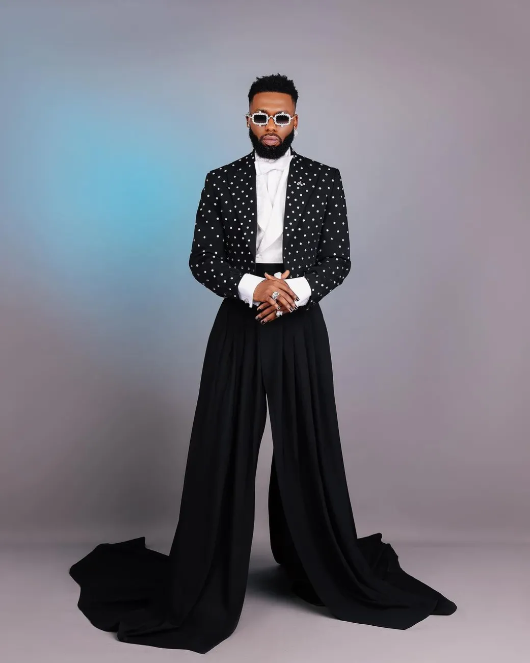 The ”Prince” Charcoal Black Short Peak Lapel Suit With ss30 Swarovski Stones, Double-breasted Waistcoat, High Pant Trousers & Pleated Long Tail Skirt.