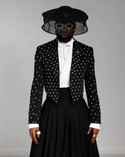 The ”Prince” Charcoal Black Short Peak Lapel Suit With ss30 Swarovski Stones, Double-breasted Waistcoat, High Pant Trousers & Pleated Long Tail Skirt.
