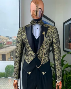 The “Ragnar” Gold and Black Splashed Jacquard Peak Lapel Jointed Tail Suit