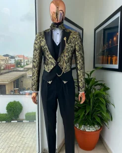 The “Ragnar” Gold and Black Splashed Jacquard Peak Lapel Jointed Tail Suit