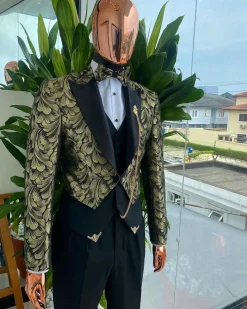 The “Ragnar” Gold and Black Splashed Jacquard Peak Lapel Jointed Tail Suit