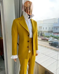 The Reloaded “ Festac 77” Mustard Yellow 3 Horn Button Safari Suit