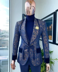 The “Samurai” Shawl and; straight cut lapel, hand woven Chinese buttons, tapin with soaked Italian velvet detailing tuxedo suit