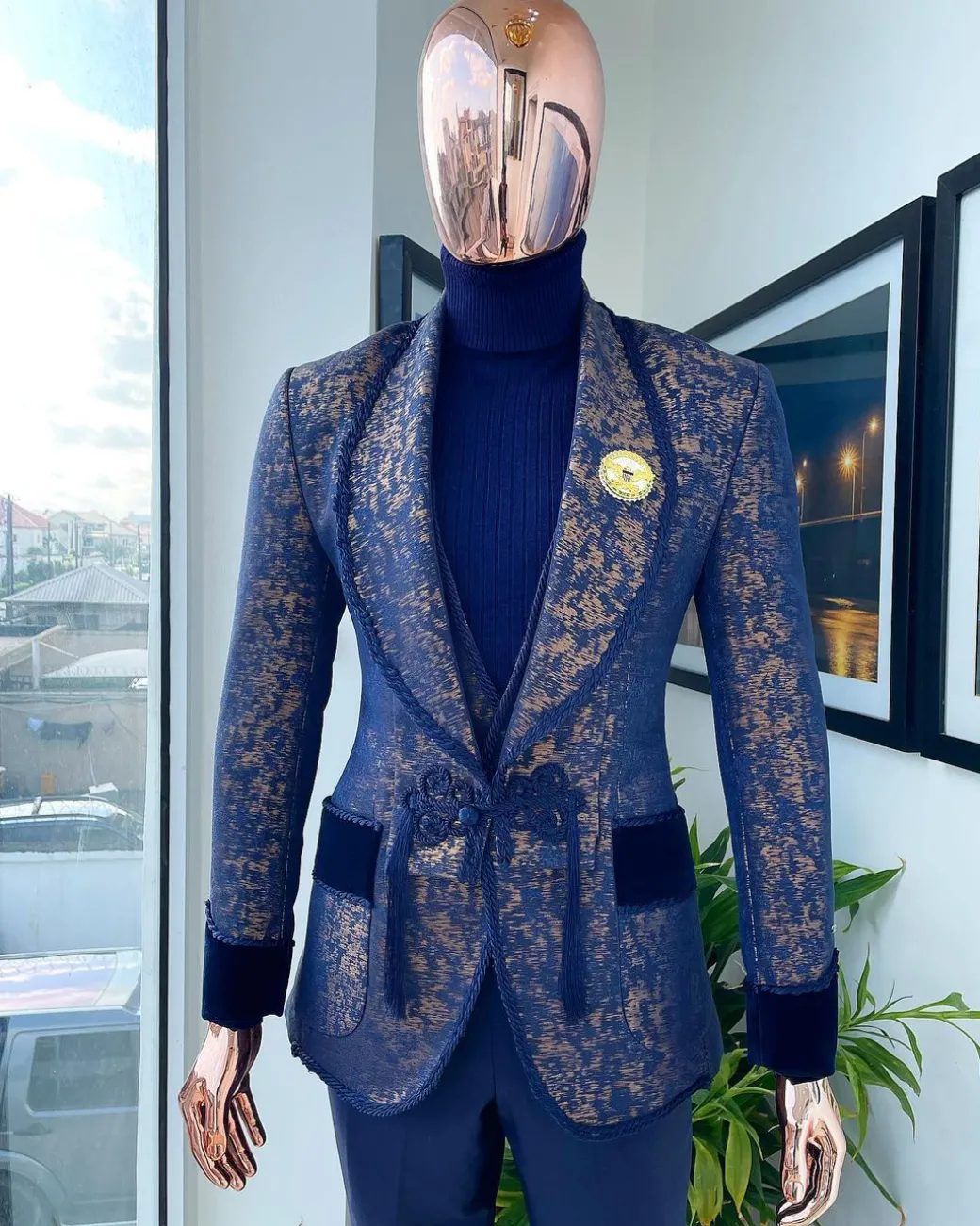 The “Samurai” Shawl and; straight cut lapel, hand woven Chinese buttons, tapin with soaked Italian velvet detailing tuxedo suit