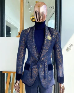 The “Samurai” Shawl and; straight cut lapel, hand woven Chinese buttons, tapin with soaked Italian velvet detailing tuxedo suit