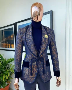 The “Samurai” Shawl and; straight cut lapel, hand woven Chinese buttons, tapin with soaked Italian velvet detailing tuxedo suit