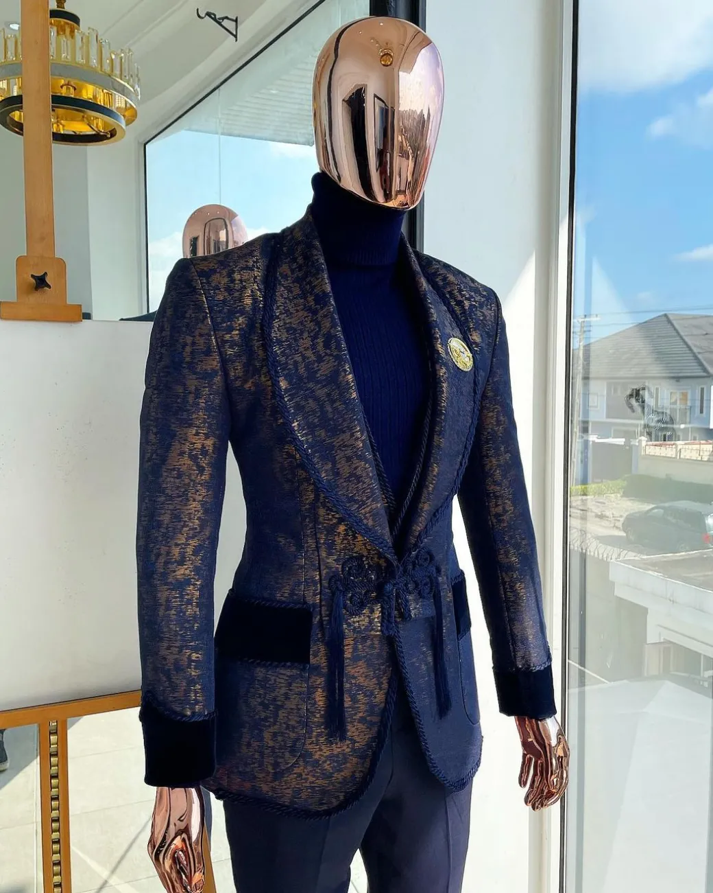 The “Samurai” Shawl and; straight cut lapel, hand woven Chinese buttons, tapin with soaked Italian velvet detailing tuxedo suit