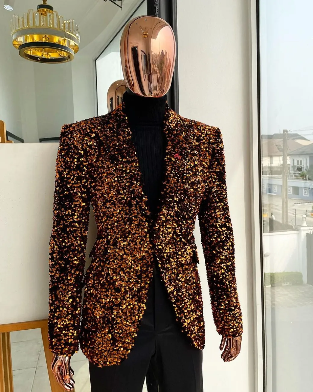 The “Young and Restless” fire orange peak lapel suit